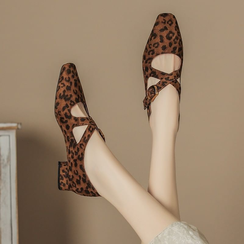 Shoes Cross Leopard Print Strap Jane Mary Chunky Heel