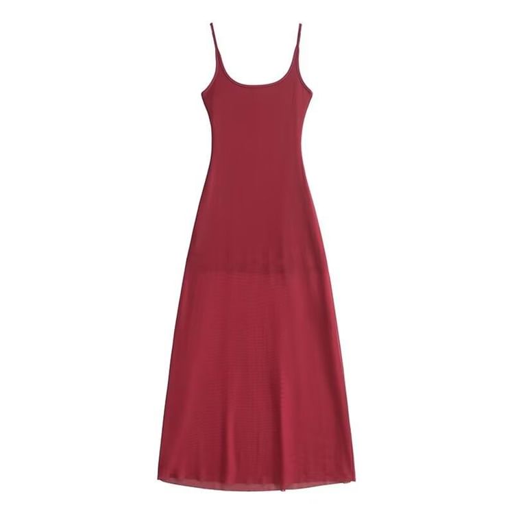 Mesh Spaghetti Strap A-Line Maxi Dress