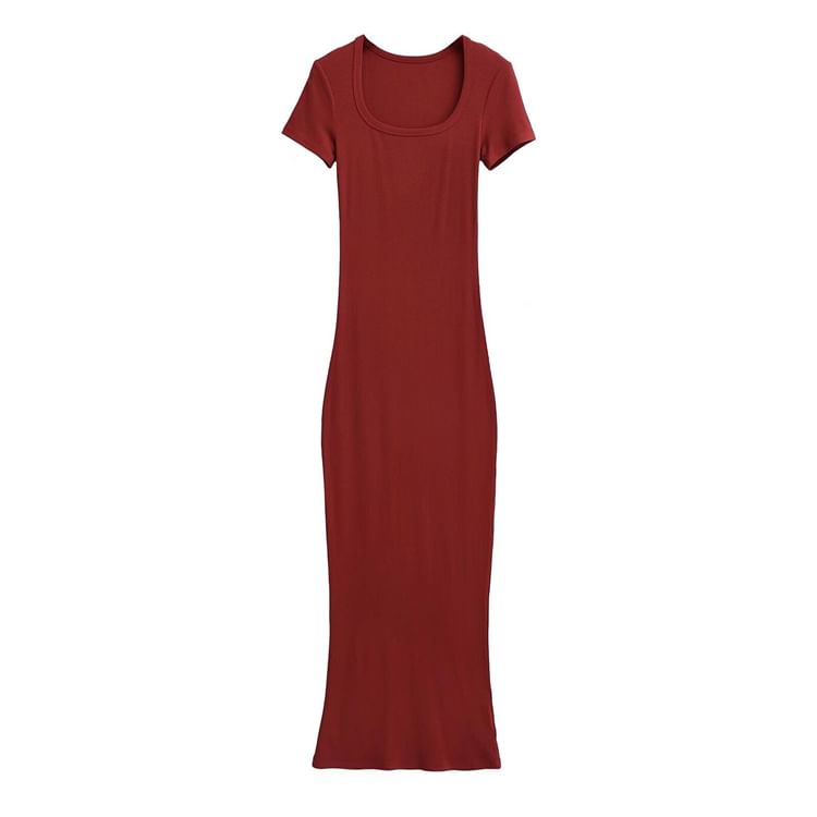 Scoop Neck Short Sleeve Sheath Maxi Dress