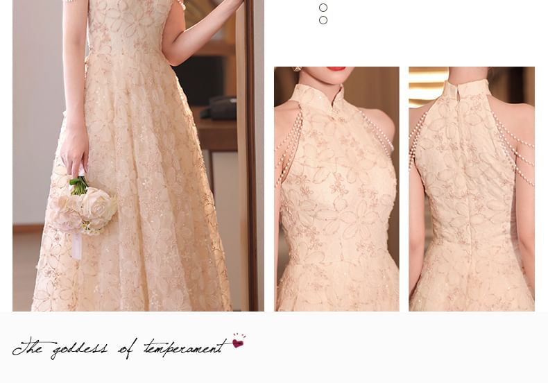 Floral Collar Evening Jacquard Halter Neck Dress Faux A-Line Stand Fringed Pearl