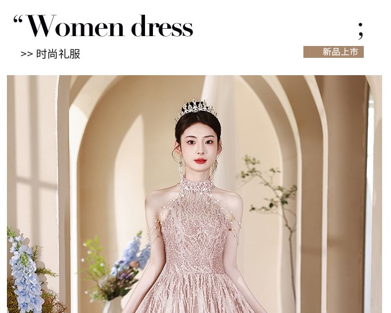 Halter Back Fringed Mock Gown Cutout Faux Neck Evening A-Line Pearl