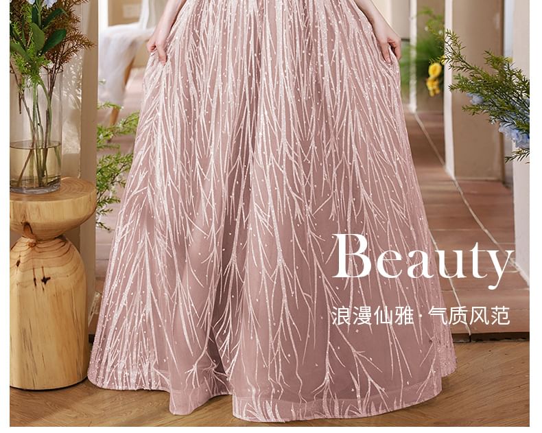 Halter Back Fringed Mock Gown Cutout Faux Neck Evening A-Line Pearl