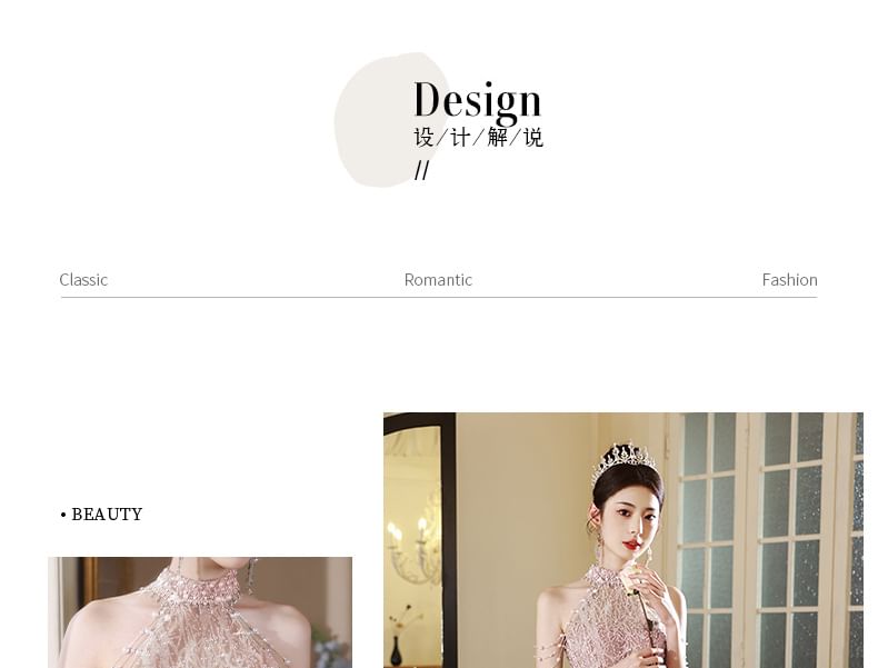 Halter Back Fringed Mock Gown Cutout Faux Neck Evening A-Line Pearl