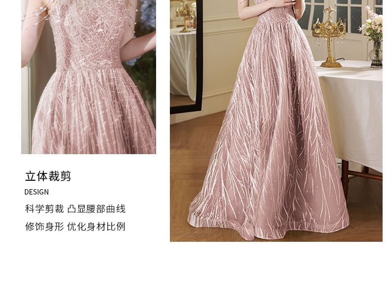 Halter Back Fringed Mock Gown Cutout Faux Neck Evening A-Line Pearl