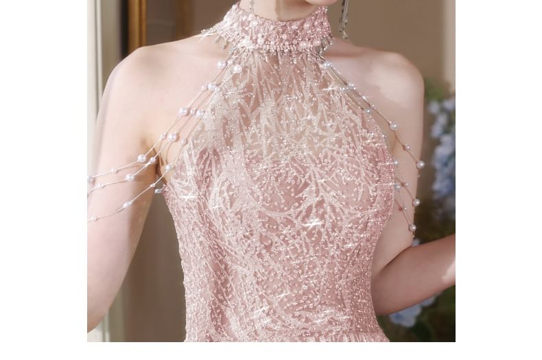 Halter Back Fringed Mock Gown Cutout Faux Neck Evening A-Line Pearl