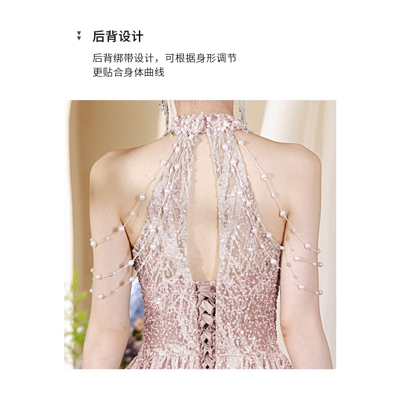 Halter Back Fringed Mock Gown Cutout Faux Neck Evening A-Line Pearl