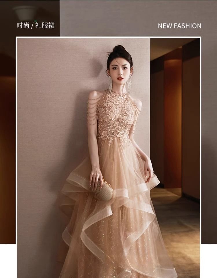 Halter A-Line Neck Layered Evening Floral Gown Fringed Sequin