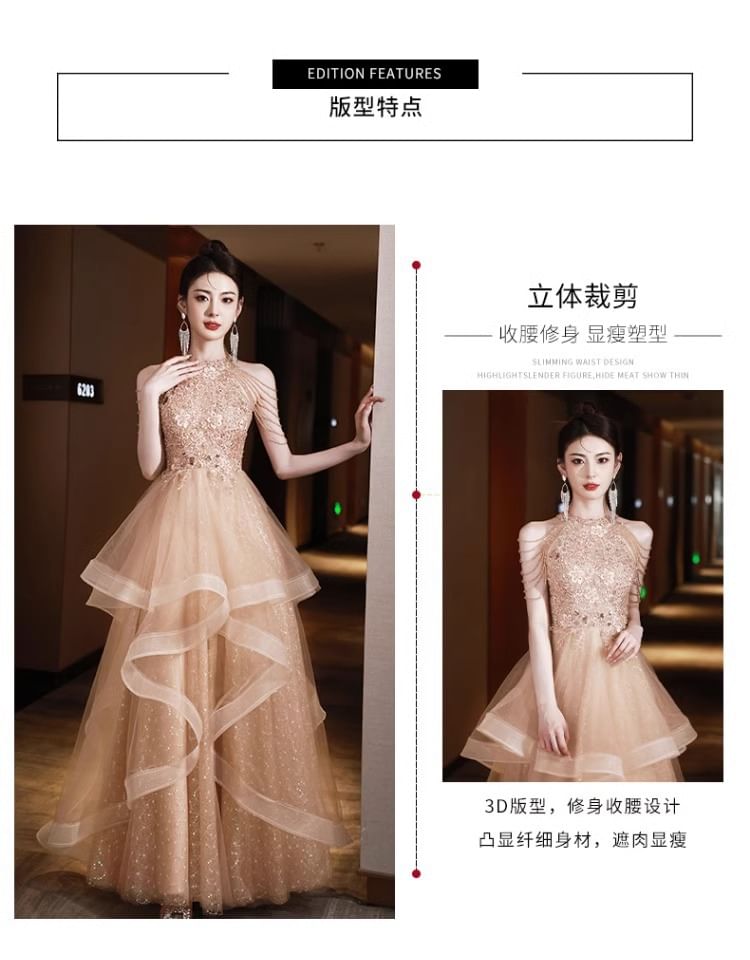 Halter A-Line Neck Layered Evening Floral Gown Fringed Sequin