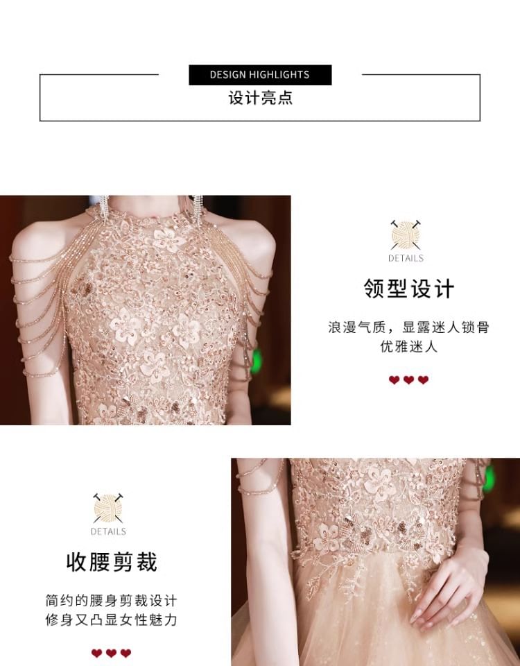 Halter A-Line Neck Layered Evening Floral Gown Fringed Sequin