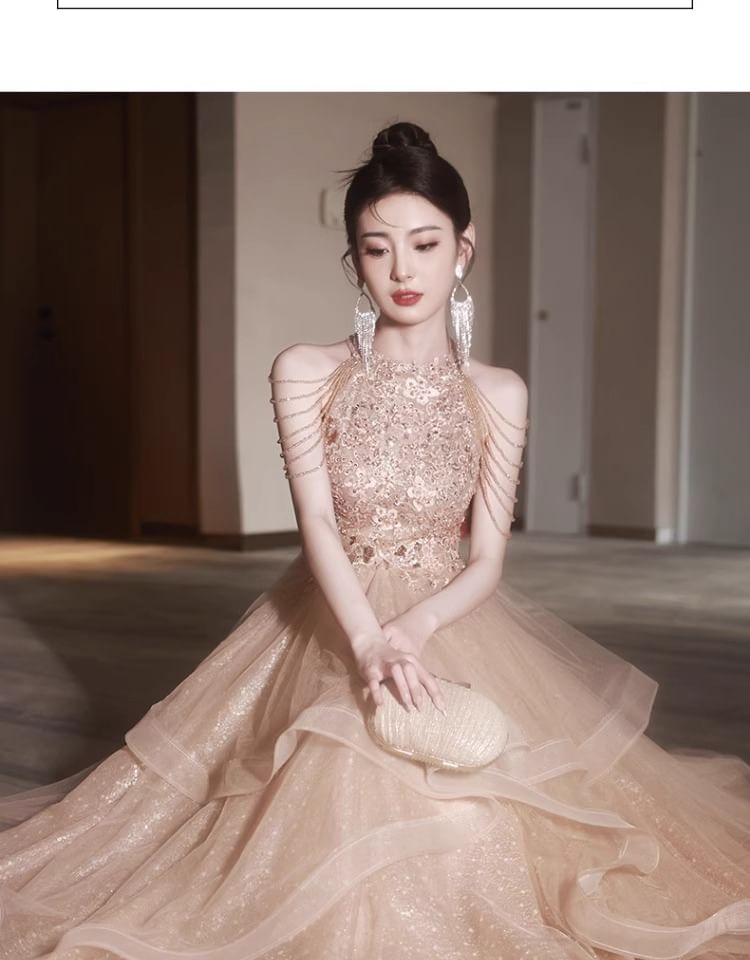 Halter A-Line Neck Layered Evening Floral Gown Fringed Sequin