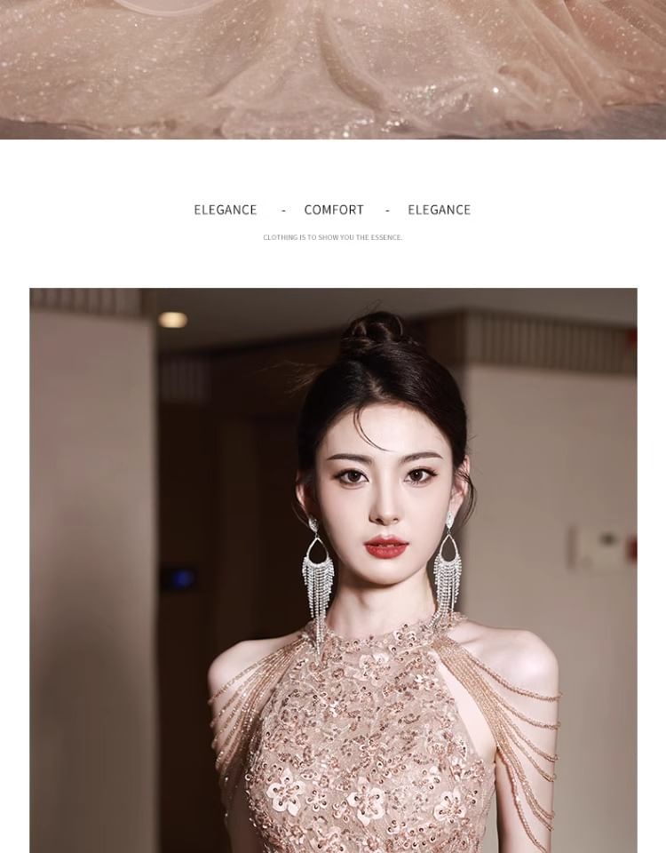 Halter A-Line Neck Layered Evening Floral Gown Fringed Sequin