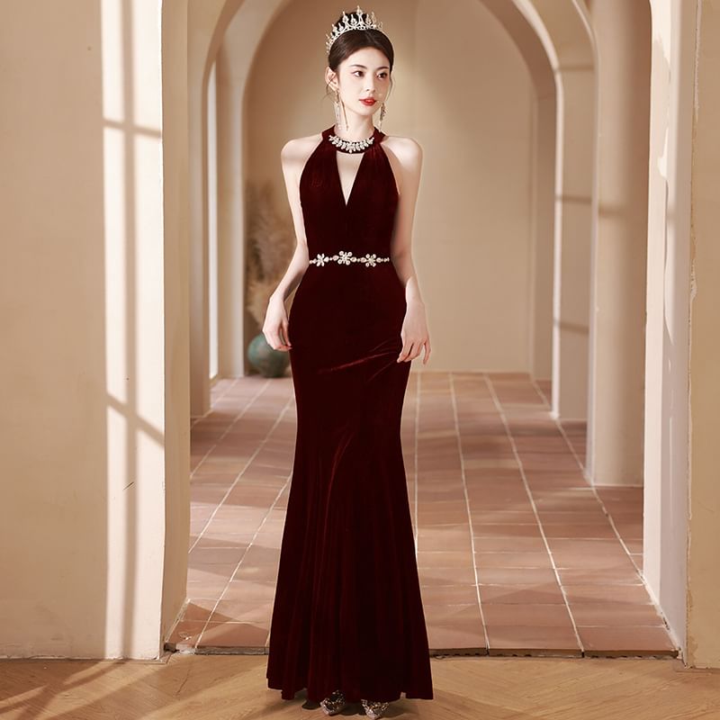 Rhinestone Dress Neck Cutout Mermaid Halter Accent Evening