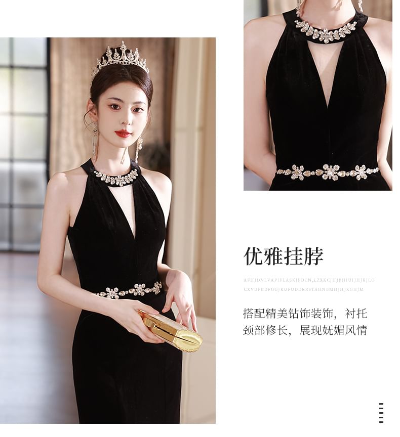 Rhinestone Dress Neck Cutout Mermaid Halter Accent Evening