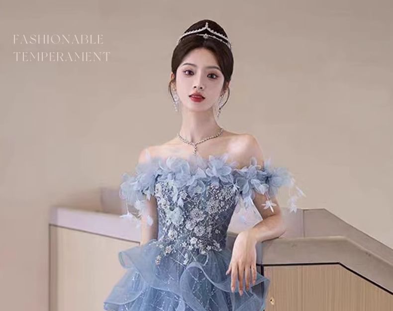 Ruffle Off-Shoulder Evening A-Line Sequin Gown Floral