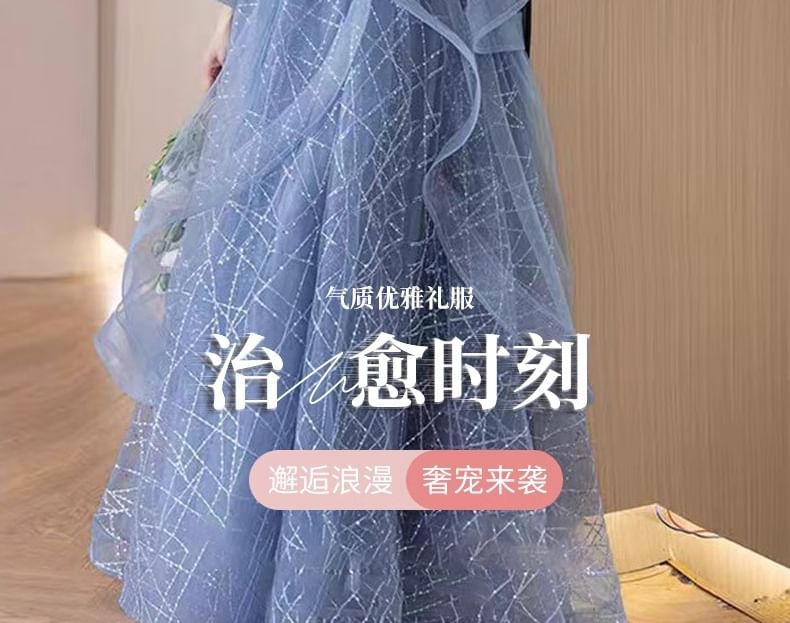 Ruffle Off-Shoulder Evening A-Line Sequin Gown Floral