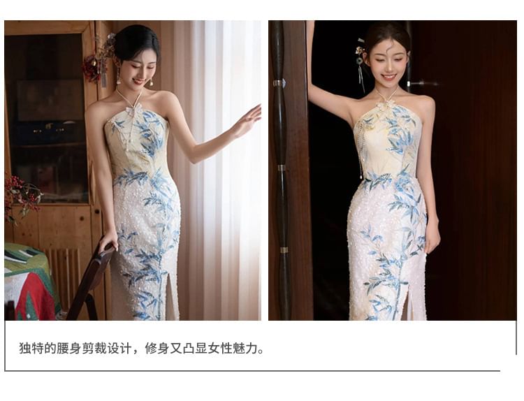 Halter Evening Embroidered Bamboo Mermaid Dress Neck Sequin Slit