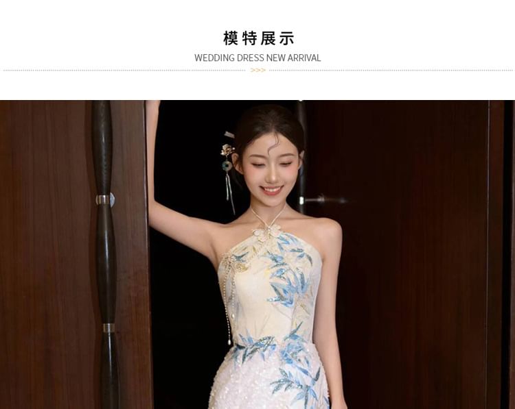 Halter Evening Embroidered Bamboo Mermaid Dress Neck Sequin Slit