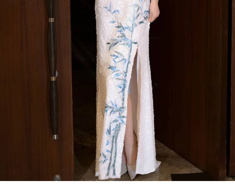 Halter Evening Embroidered Bamboo Mermaid Dress Neck Sequin Slit