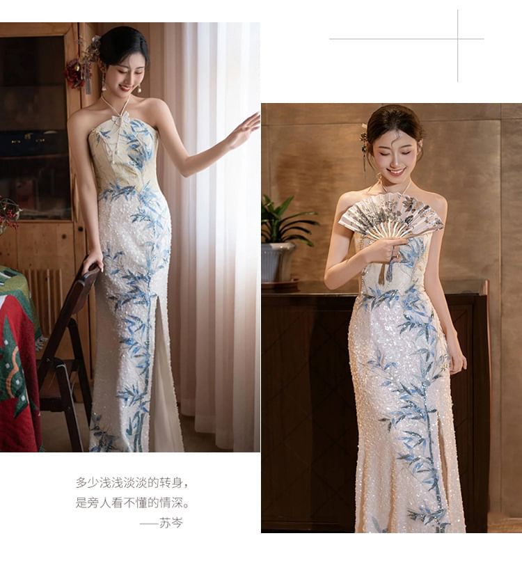 Halter Evening Embroidered Bamboo Mermaid Dress Neck Sequin Slit