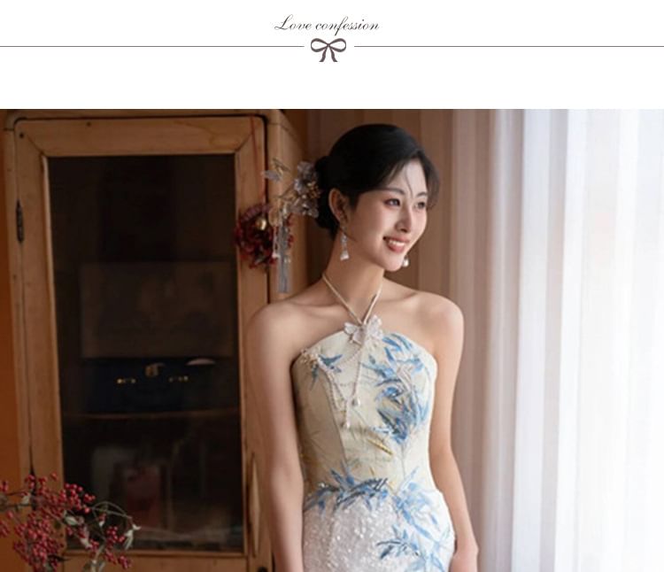 Halter Evening Embroidered Bamboo Mermaid Dress Neck Sequin Slit