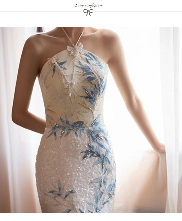 Halter Evening Embroidered Bamboo Mermaid Dress Neck Sequin Slit