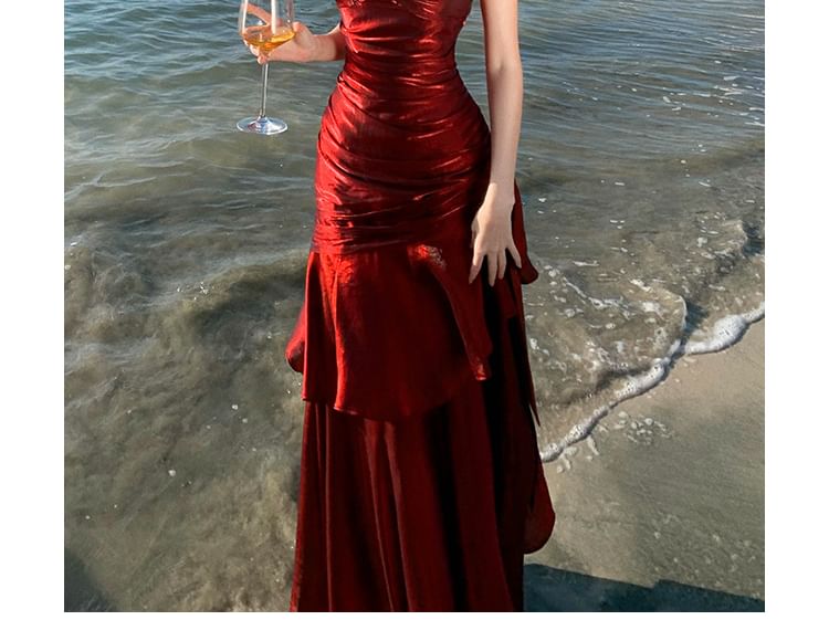 Spaghetti Strap Sweetheart Glitter Ruffle Trim Maxi A-Line