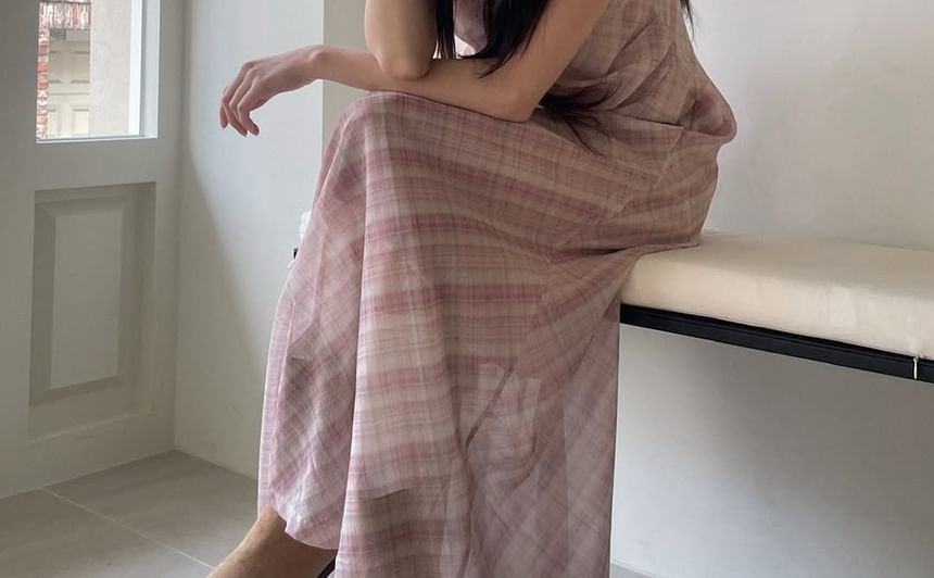 Plaid Spaghetti Strap V-Neck Maxi Dress