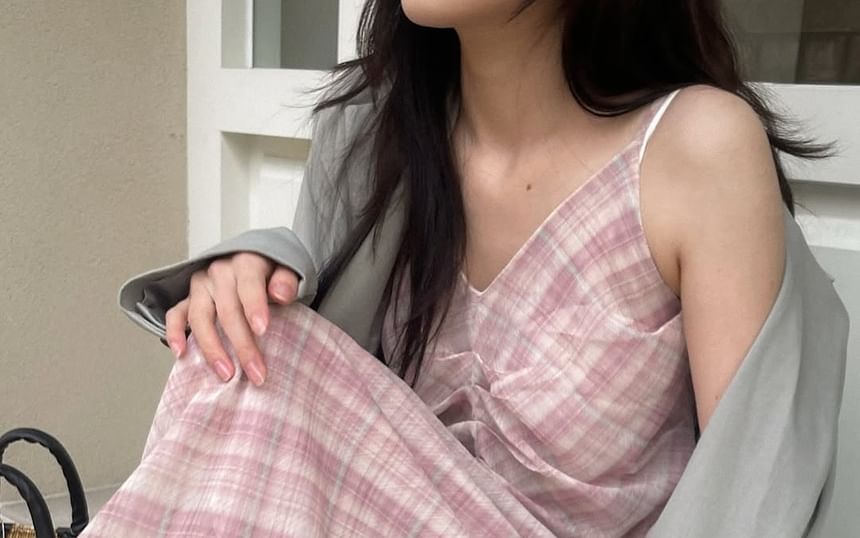 Plaid Spaghetti Strap V-Neck Maxi Dress
