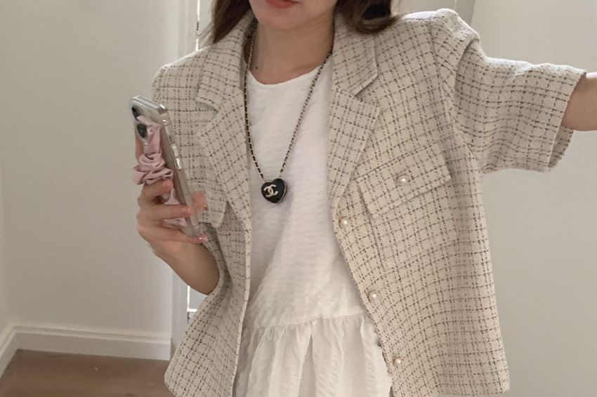 Short Sleeve Notch Lapel Tweed Faux Pearl Button Jacket