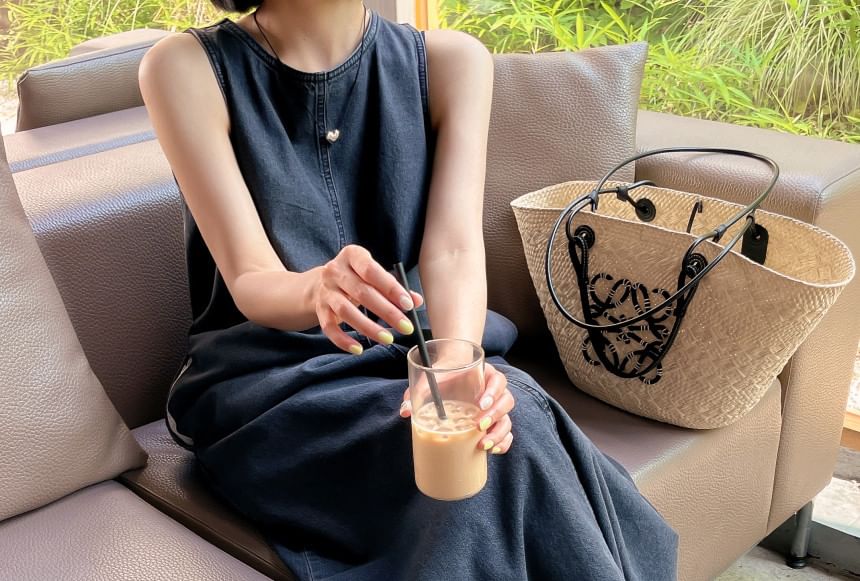Washed Round Neck Sleeveless Denim A-Line Maxi