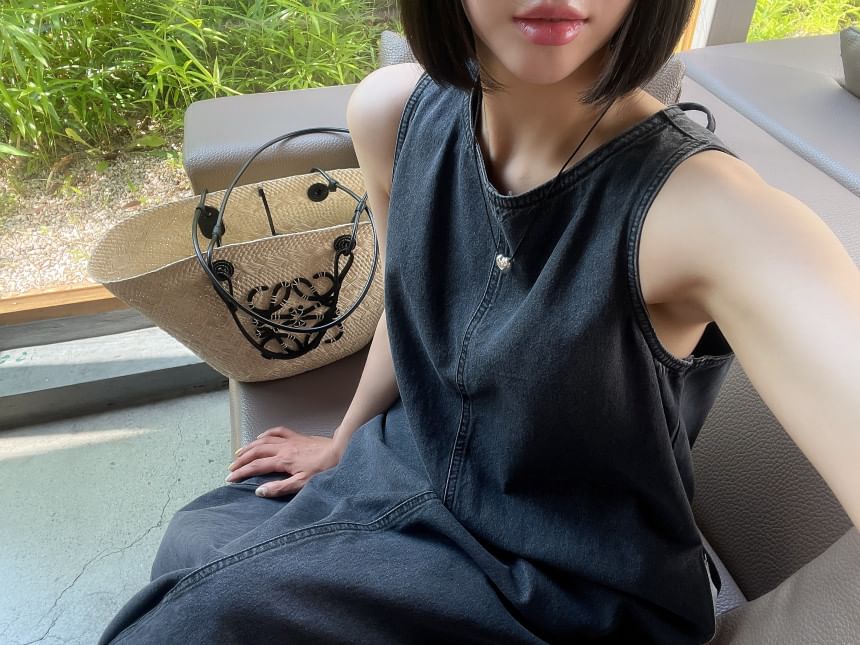 Washed Round Neck Sleeveless Denim A-Line Maxi