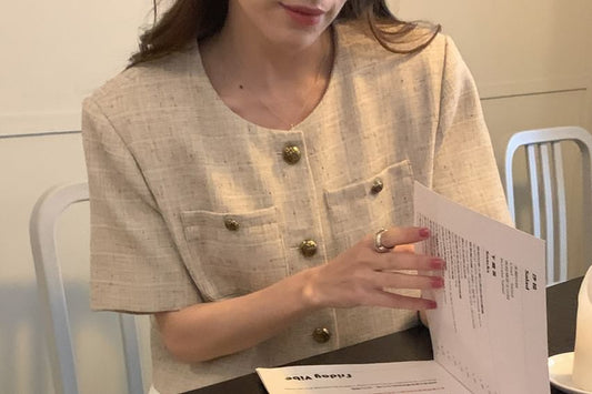 Short Sleeve Round Neck Tweed Button Jacket