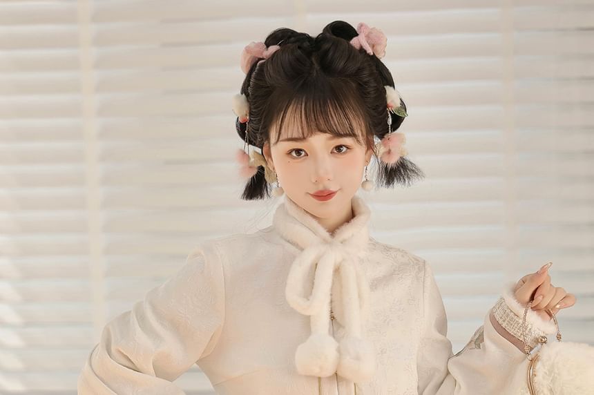 Long-Sleeve Stand Collar Jacquard Fluffy Trim Blouse / 3/4-Sleeve Rabbit Applique Open Front Jacket / High Waist Pleated Tweed Mini A-Line Skirt / Belt / Set