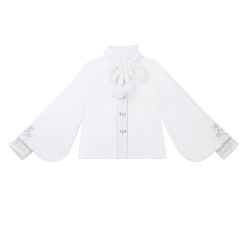 Long-Sleeve Stand Collar Jacquard Fluffy Trim Blouse / 3/4-Sleeve Rabbit Applique Open Front Jacket / High Waist Pleated Tweed Mini A-Line Skirt / Belt / Set