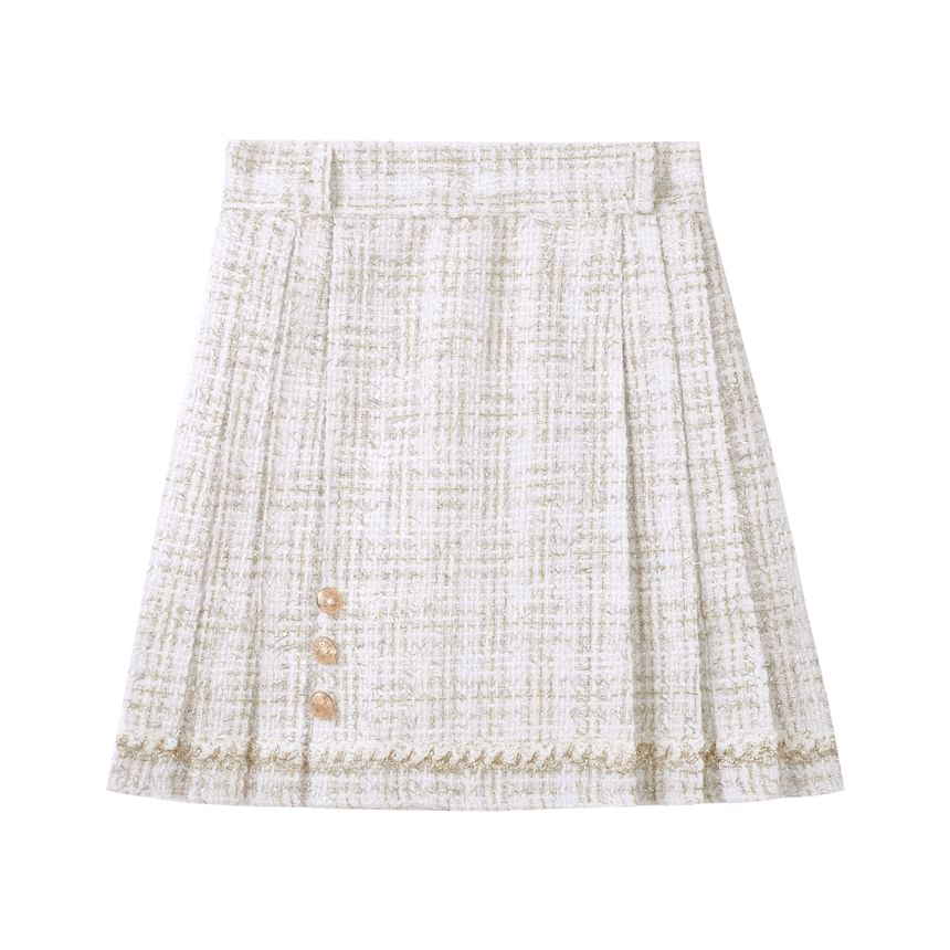 Long-Sleeve Stand Collar Jacquard Fluffy Trim Blouse / 3/4-Sleeve Rabbit Applique Open Front Jacket / High Waist Pleated Tweed Mini A-Line Skirt / Belt / Set