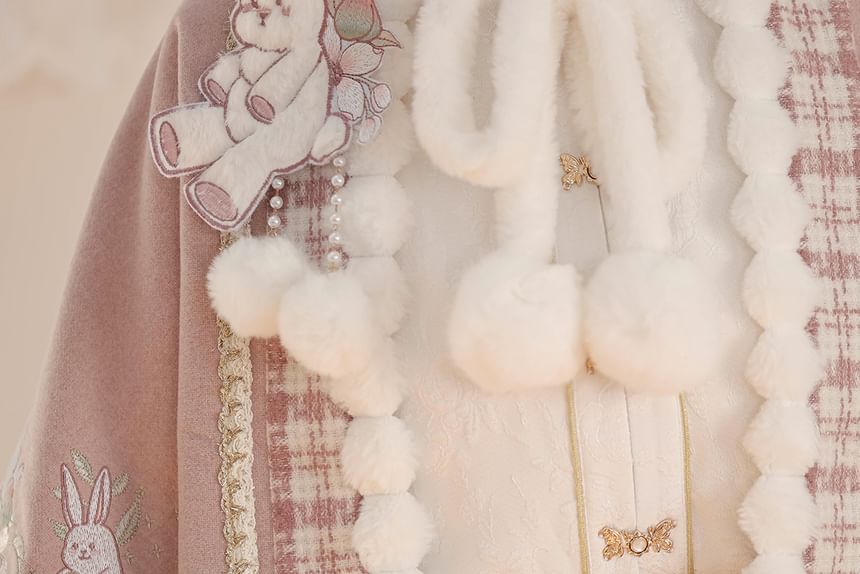 Long-Sleeve Stand Collar Jacquard Fluffy Trim Blouse / 3/4-Sleeve Rabbit Applique Open Front Jacket / High Waist Pleated Tweed Mini A-Line Skirt / Belt / Set