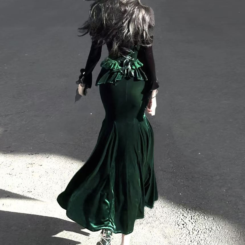 Mesh Panel Velvet Shrug with Lace Mermaid Dress Set