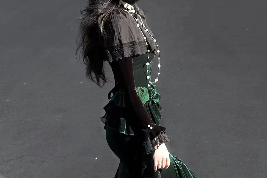 Mesh Panel Velvet Shrug with Lace Mermaid Dress Set