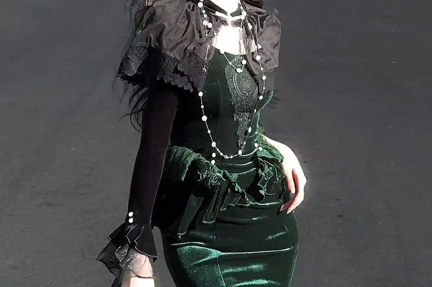 Mesh Panel Velvet Shrug with Lace Mermaid Dress Set