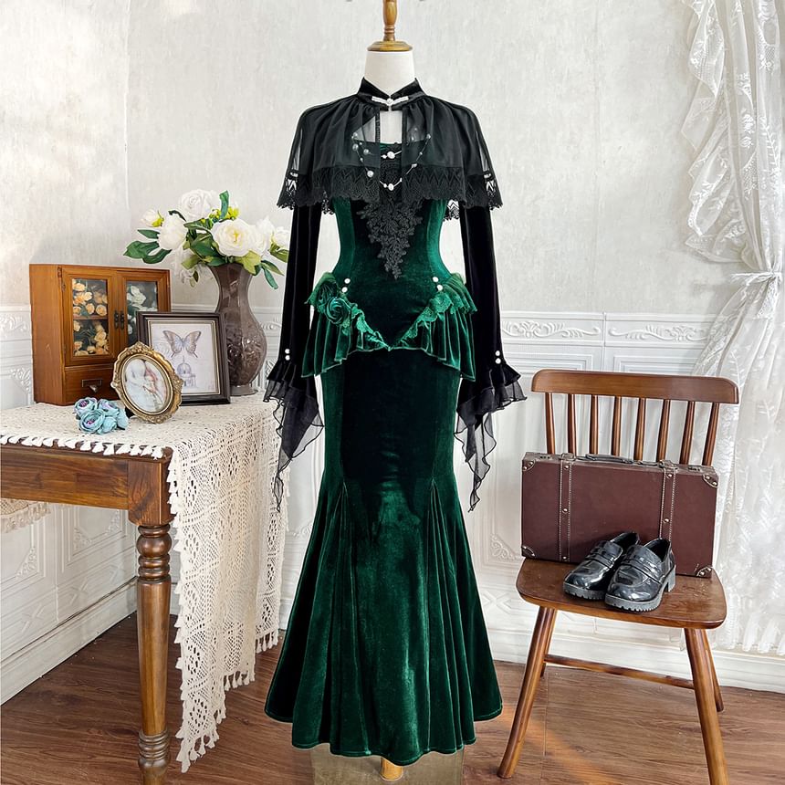 Mesh Panel Velvet Shrug with Lace Mermaid Dress Set