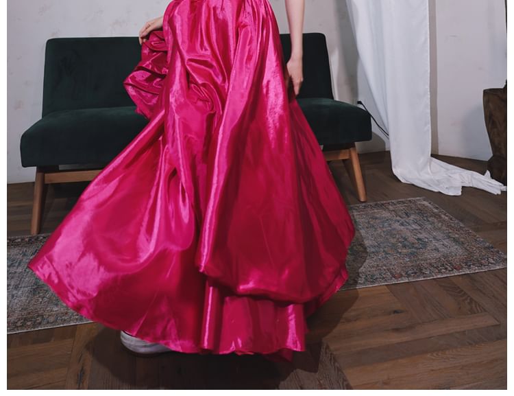 Sleeveless Square Neck Ruched Satin A-Line Evening Gown
