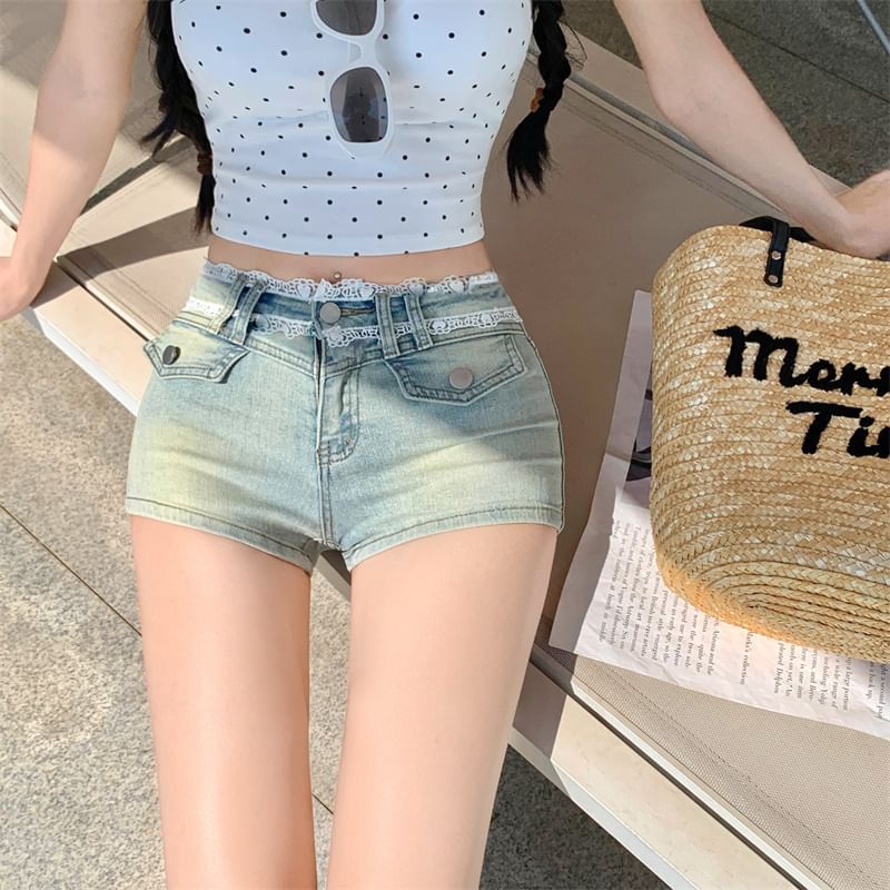 Lace Rise Washed Denim Trim Mid Hot Pants
