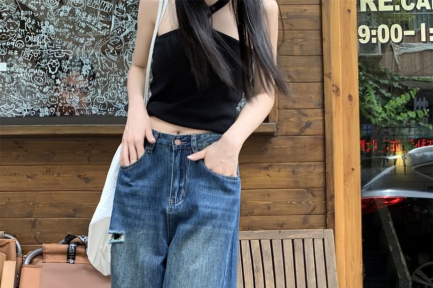 Ripped Waist Wide Jeans Washed Mid Leg