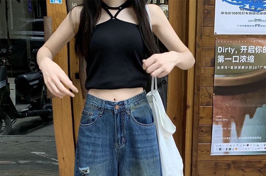 Ripped Waist Wide Jeans Washed Mid Leg