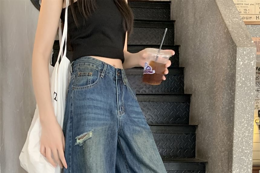 Ripped Waist Wide Jeans Washed Mid Leg