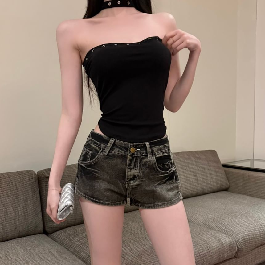 Low Rise Washed Hot Pants Denim