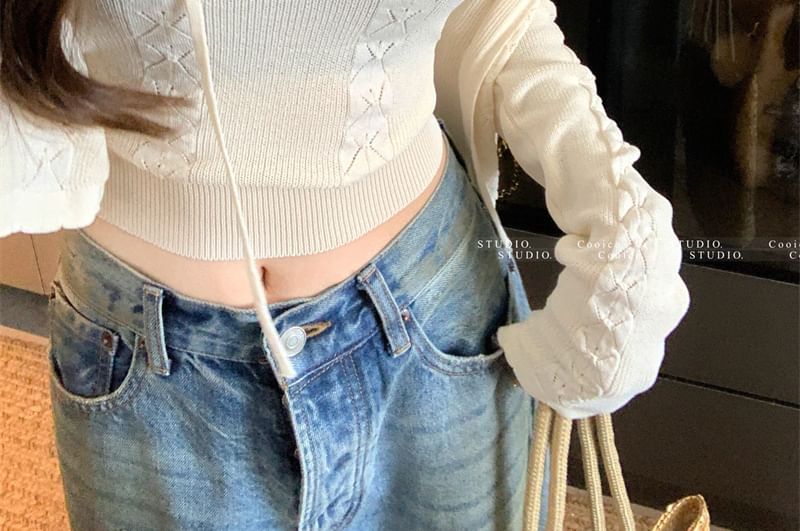 Sleeveless Plain Crop Cable + Neck Cardigan Scoop Top Knit Set: