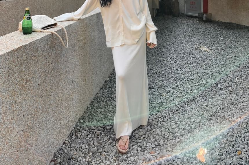 Skirt Mid A-Line V-Neck / Plain Maxi Long-Sleeve Blouse Waist