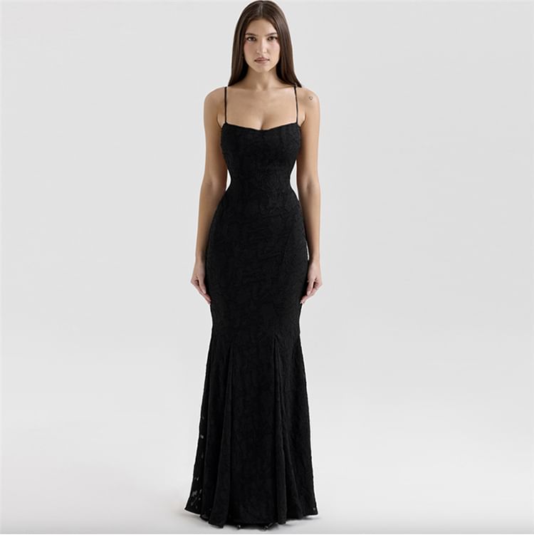 Spaghetti Strap Jacquard Maxi Mermaid Dress