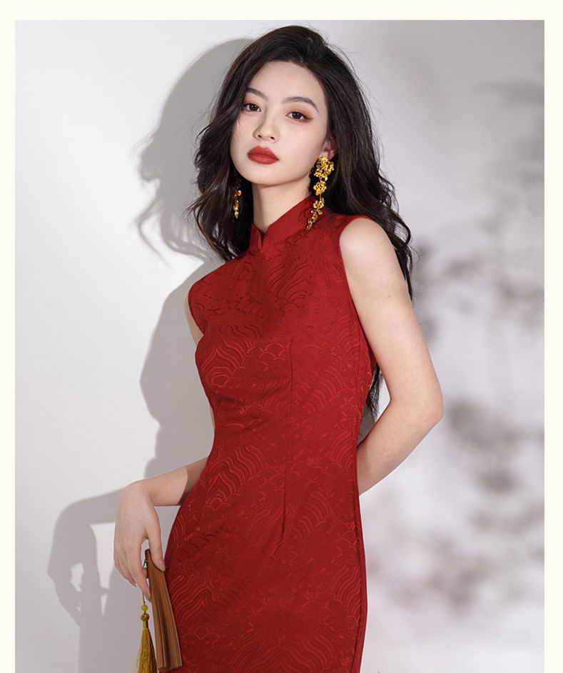 Sleeveless Stand Collar Plain Maxi Sheath Dress